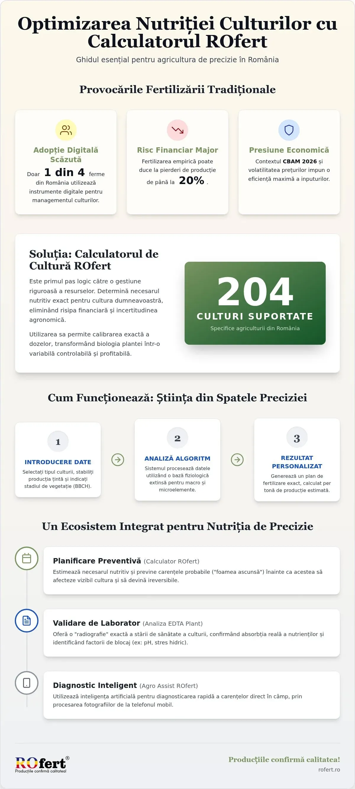 Infografic – Calculator Cultură ROfert: Optimizarea Nutriției de Precizie pentru Recolte Record în 2026
