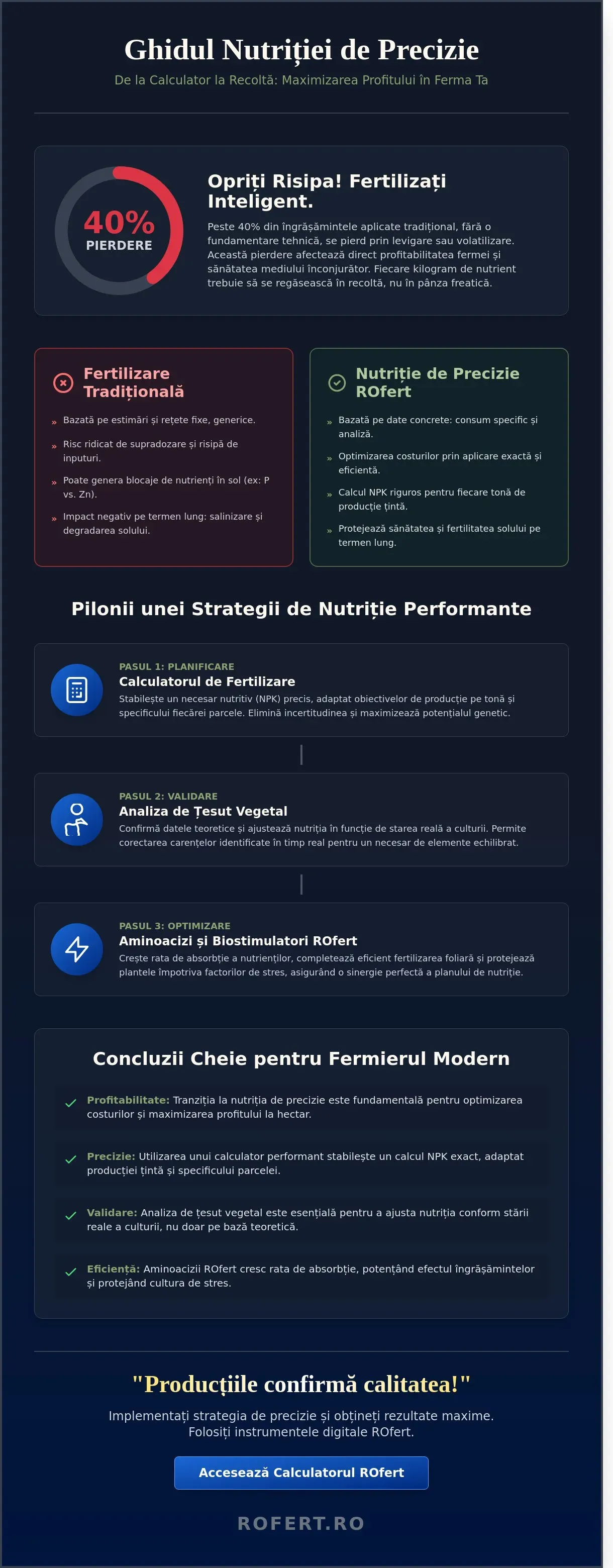 Infografic – Calculator Premium de Elemente ROfert: Ghid Inteligent pentru Estimarea Necesarului Nutritiv la Cereale, Oleaginoase, Legume și Pomi Fructiferi în Funcție de Producția Țintă (2026)