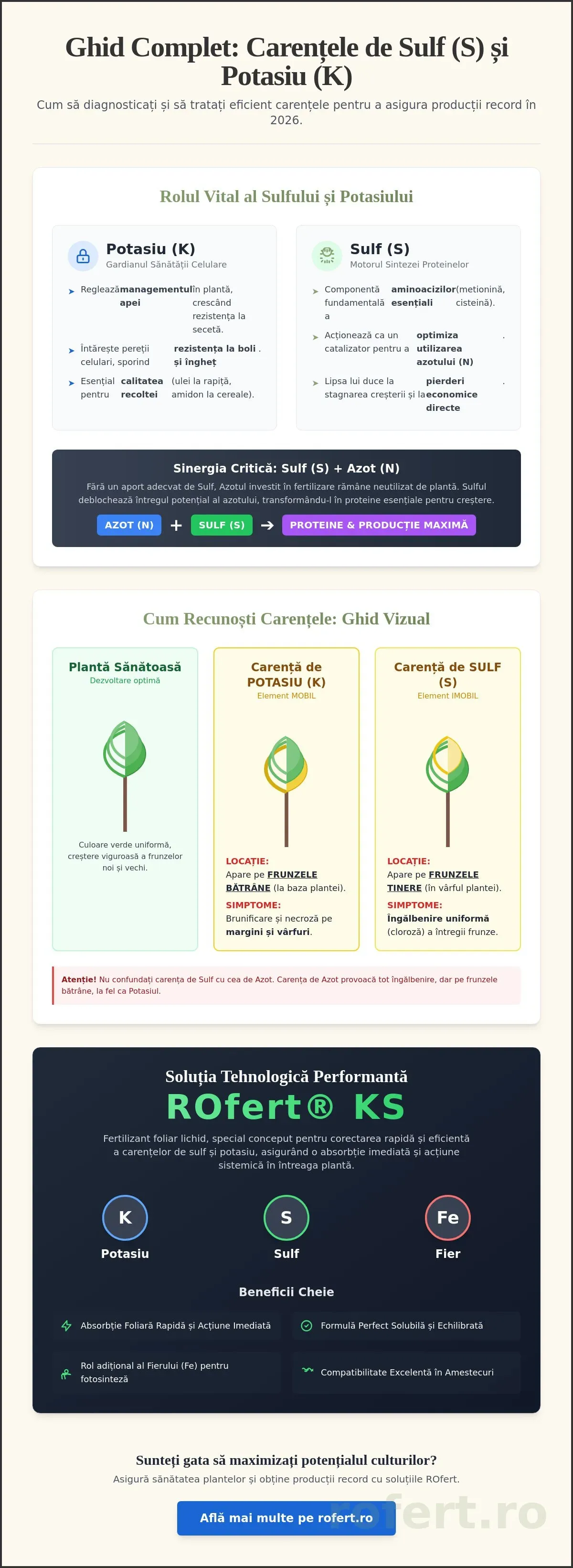 Infografic – Corectarea Carențelor de Sulf și Potasiu: Ghid Complet ROfert KS pentru 2026