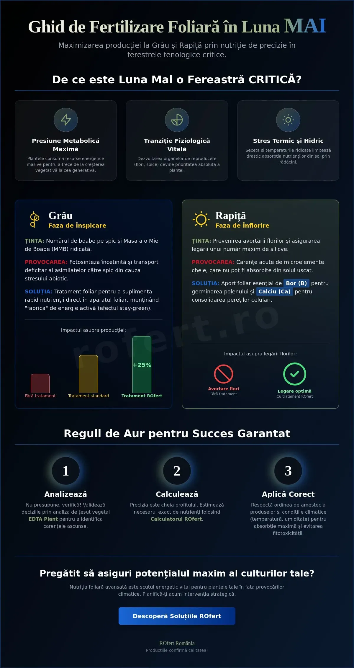 Infografic – Fertilizarea foliară în luna mai: Strategii pentru rapiță la înflorire și grâu la înspicare (2026)