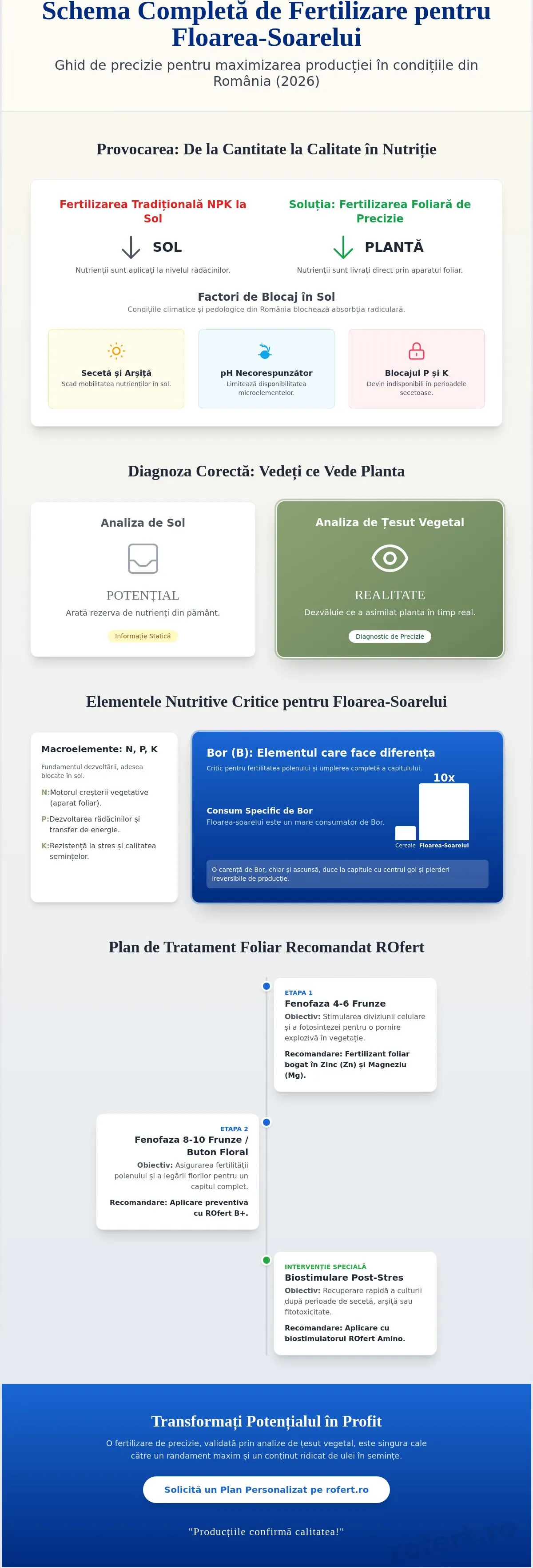Infografic – Fertilizarea la floarea-soarelui în 2026: Ghid tehnic și schemă completă pentru randament maxim