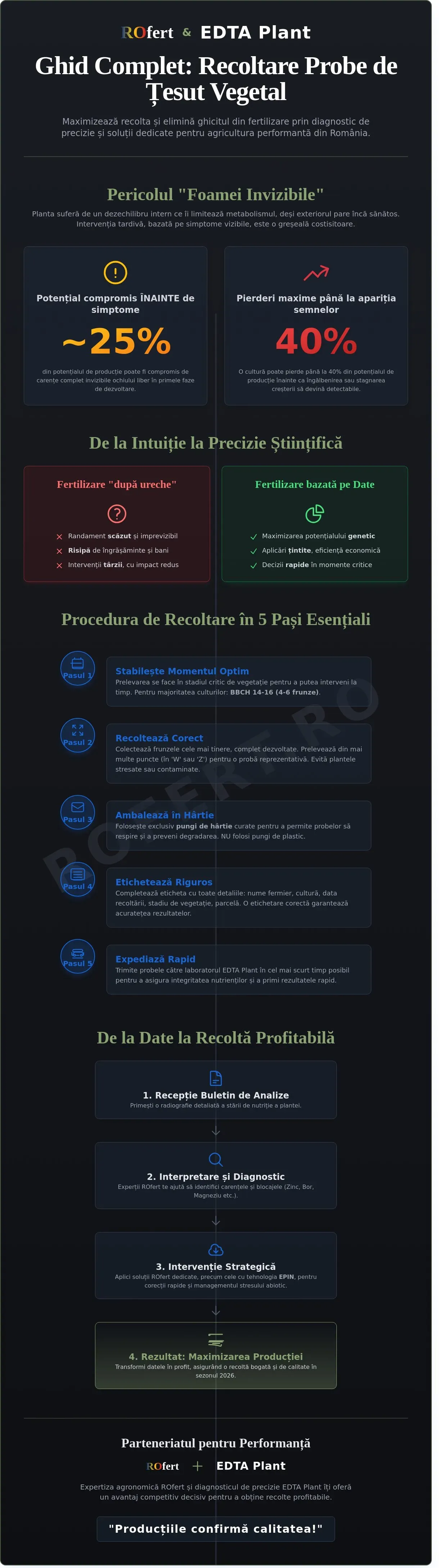 Infografic – Ghid de recoltare probe țesut vegetal pentru laboratorul EDTA Plant: Maximizează randamentul în 2026