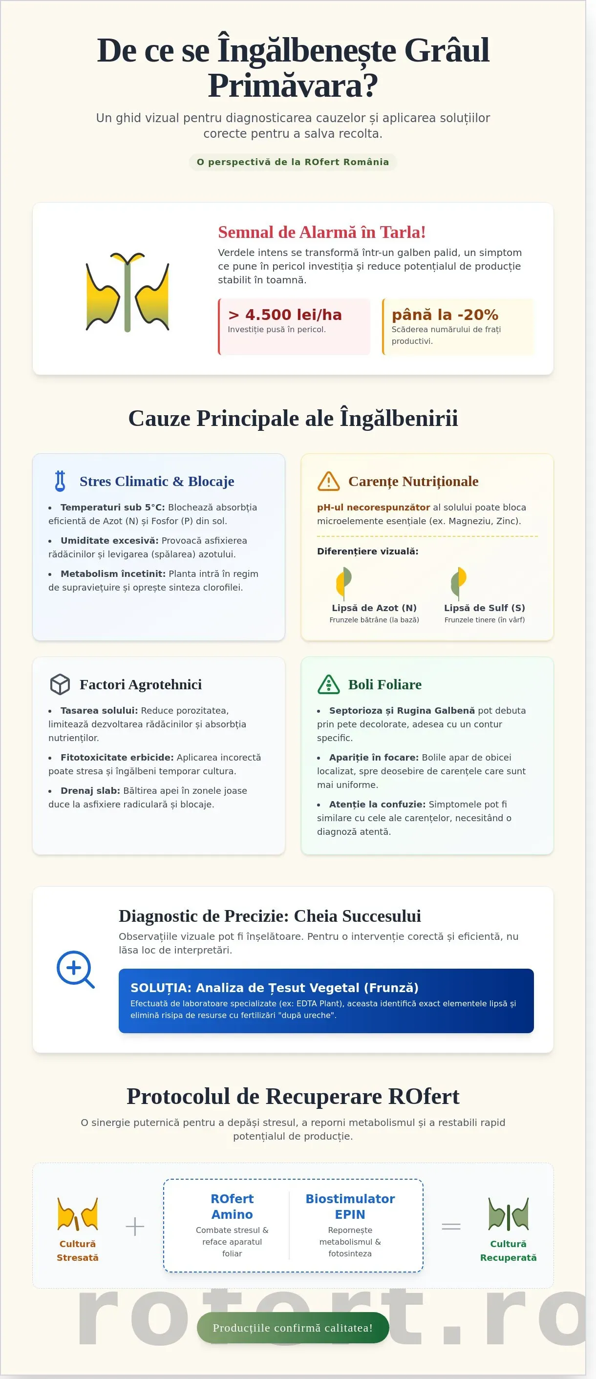 Infografic – Grâu îngălbenit primăvara: cauze, tratament și soluții rapide de recuperare în România (2026)