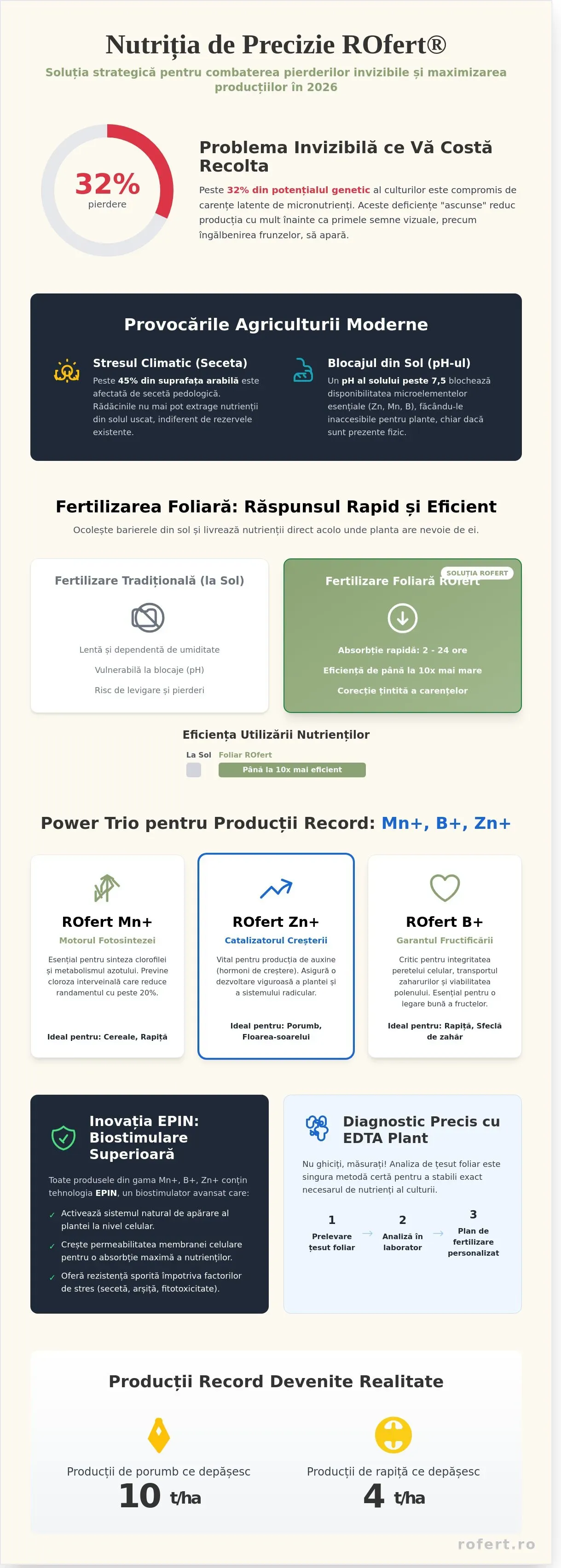 Infografic – Îngrășământ foliar în 2026: Ghidul nutriției cu ROfert Mn+, B+ și Zn+