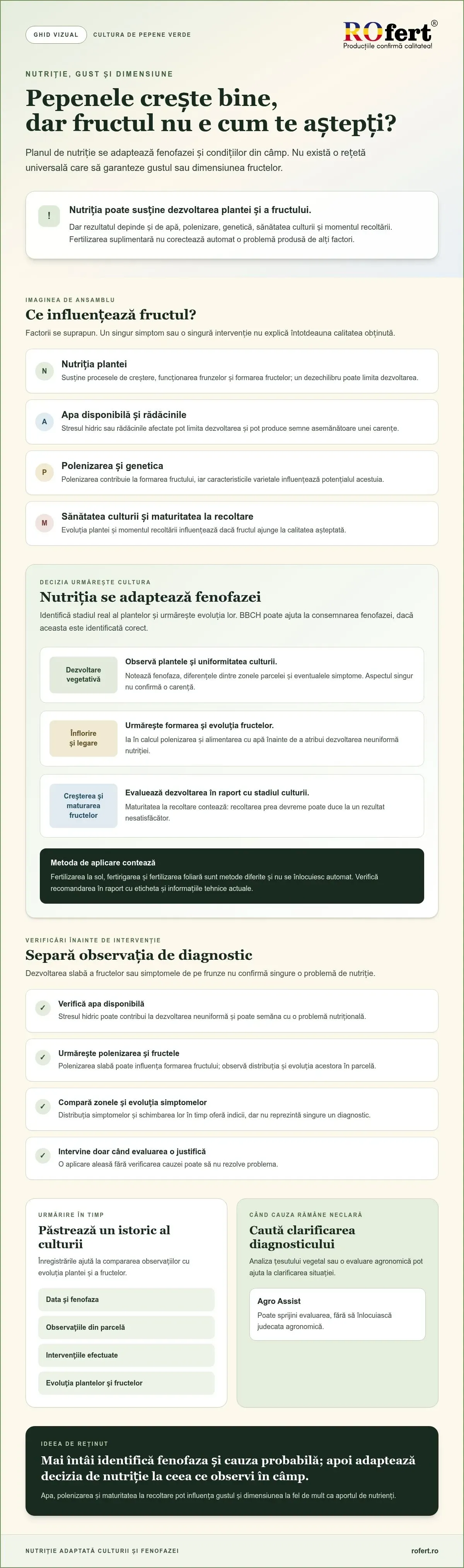Infografic – Plan de nutriție pentru pepeni verzi: cum susții gustul și dimensiunea fructelor
