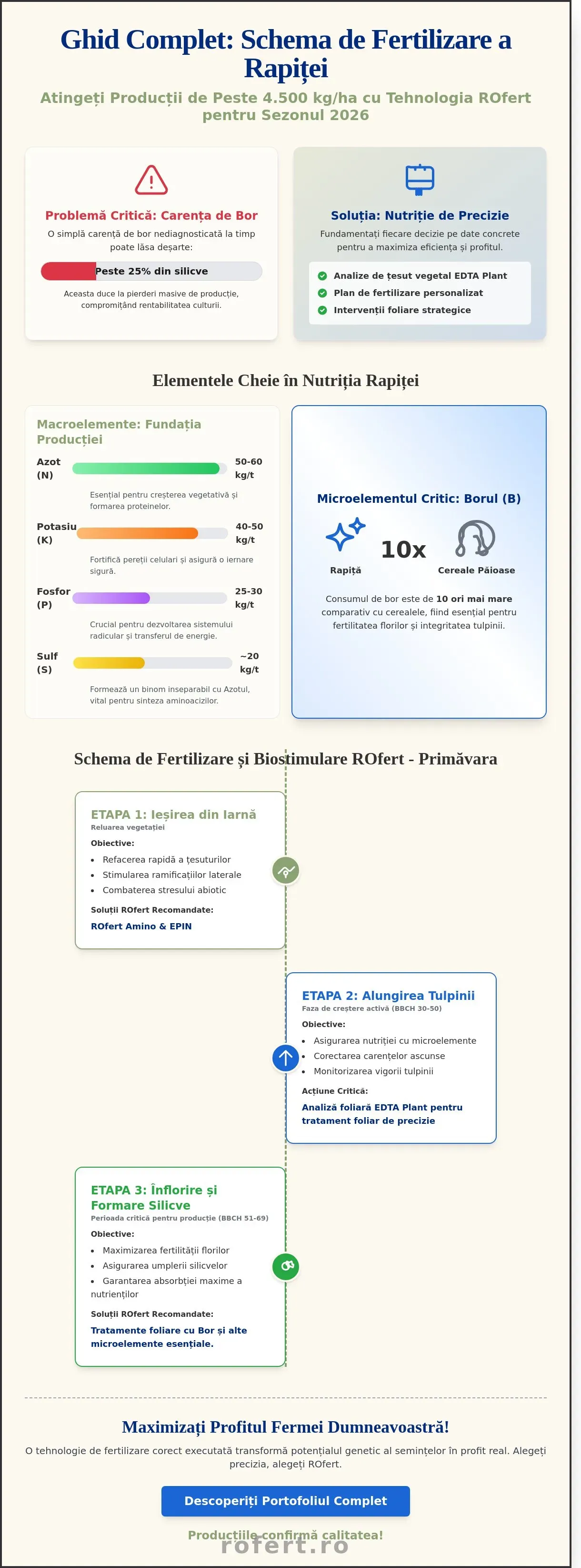 Infografic – Schemă de Fertilizare Foliară Rapiță: Plan Complet pentru Recoltă Maximă în 2026