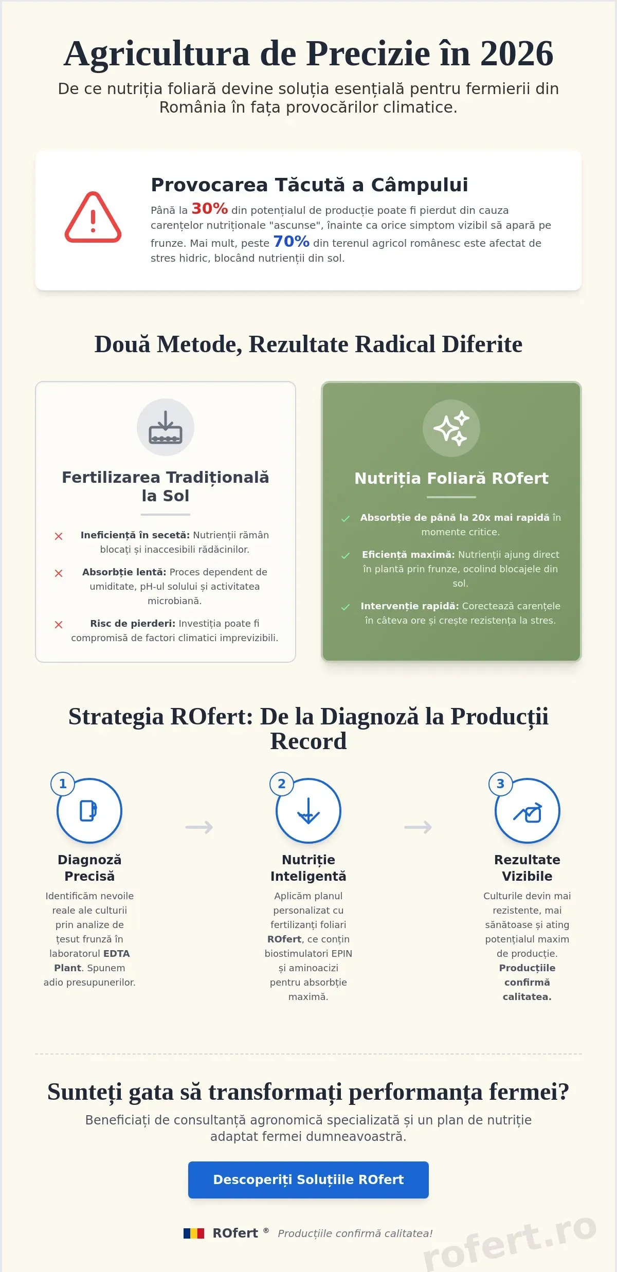 Infografic – Soluții ROfert România: Tehnologie și Nutriție de Precizie pentru Performanță Agricolă în 2026