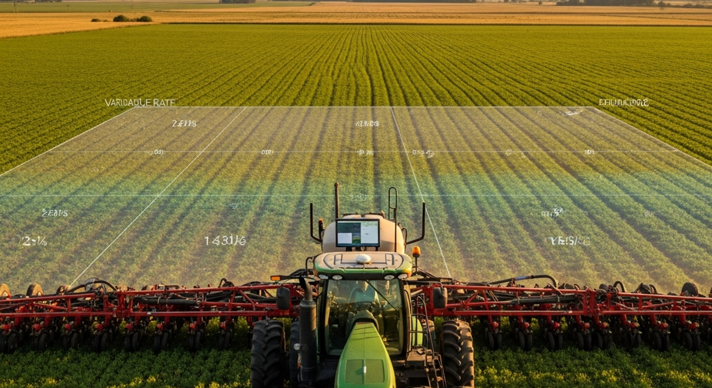 Tractor modern cu sistem de ghidare GPS lucrând un câmp cultivat, cu hartă digitală suprapusă