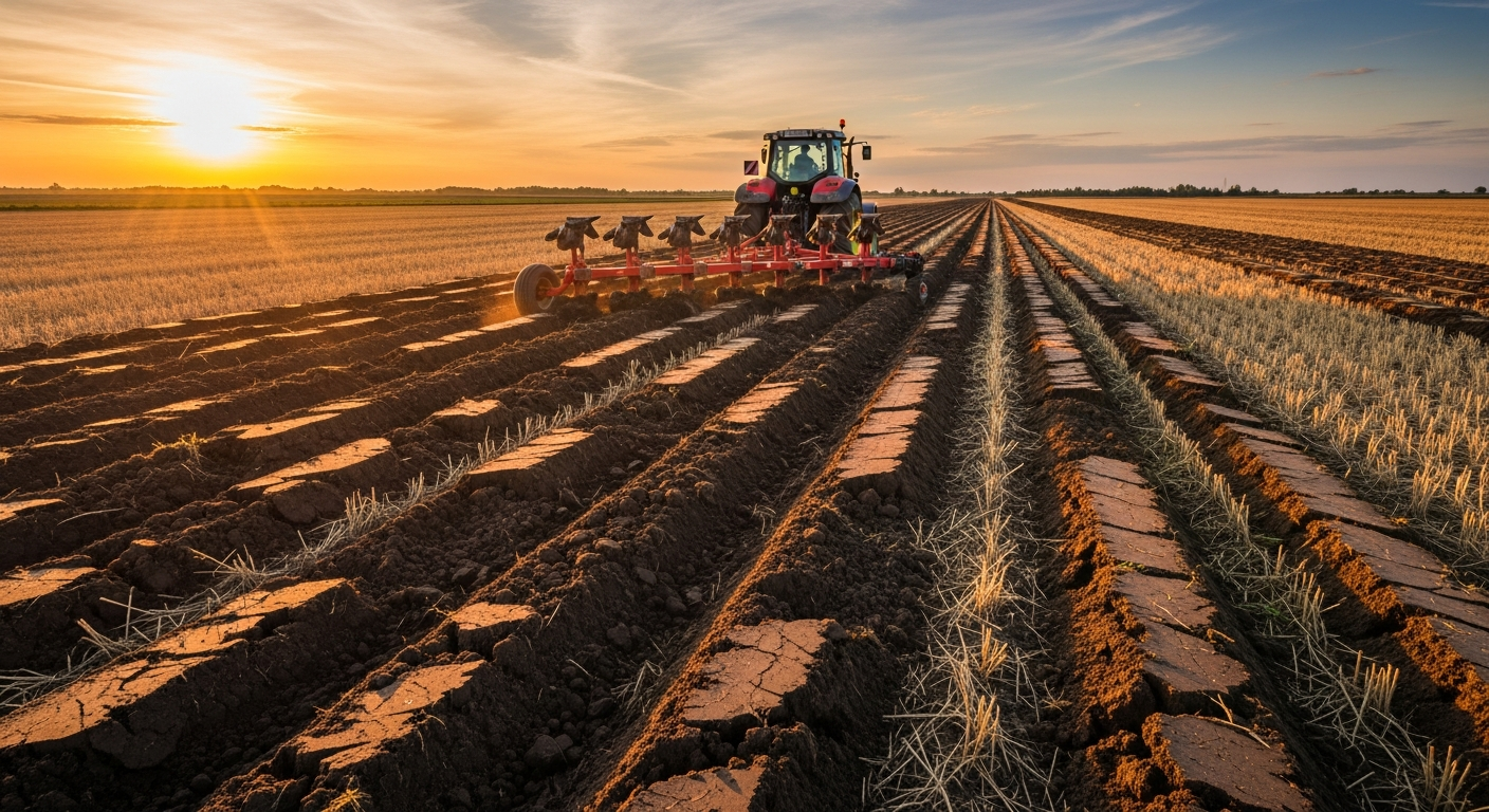 Plug cu cormană întorcând brazda pe un câmp agricol