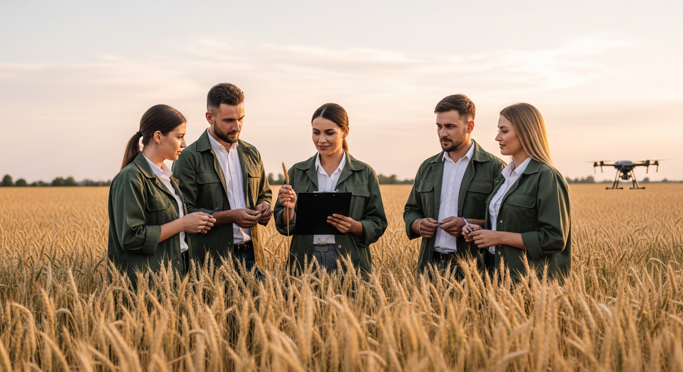 Echipă de agronomi ROfert® analizând un lan de grâu, cu o dronă agricolă în fundal