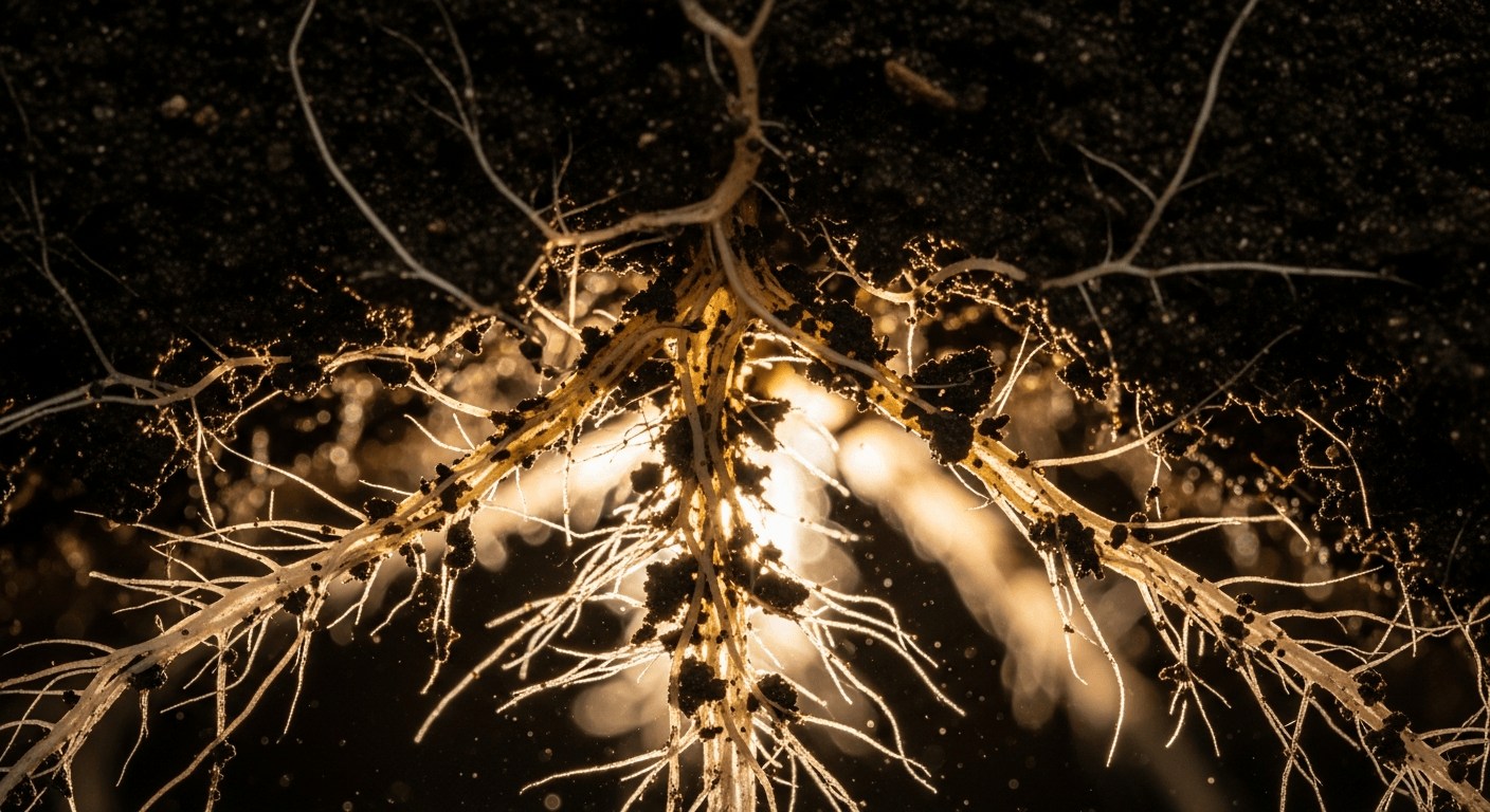 Rădăcini de plantă iluminate din spate în sol întunecat