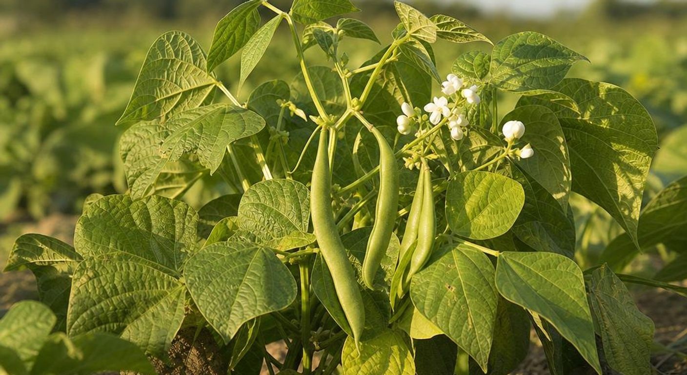 Plante de fasole cu frunze și păstăi verzi