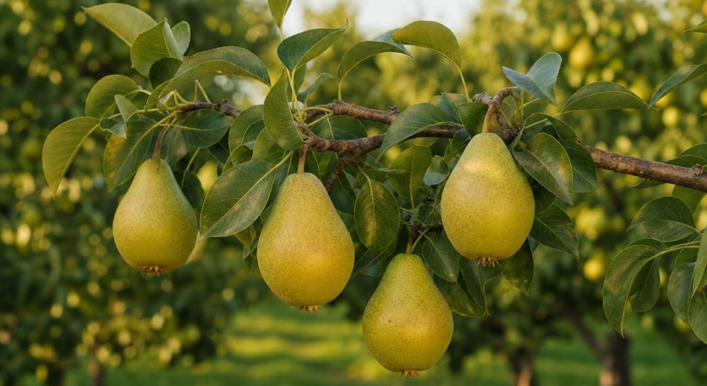 Pere în dezvoltare pe ramură într-o livadă