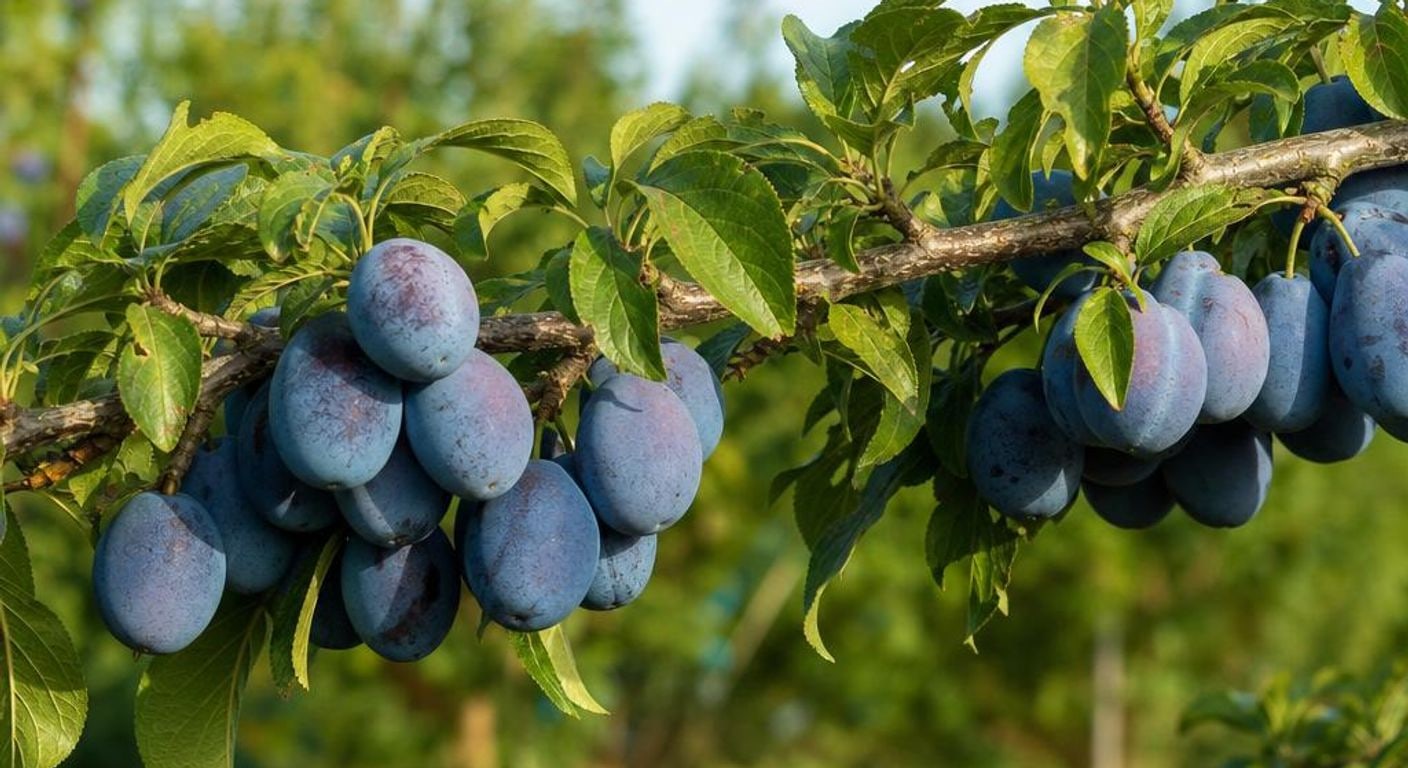 Prune în dezvoltare pe ramură într-o livadă