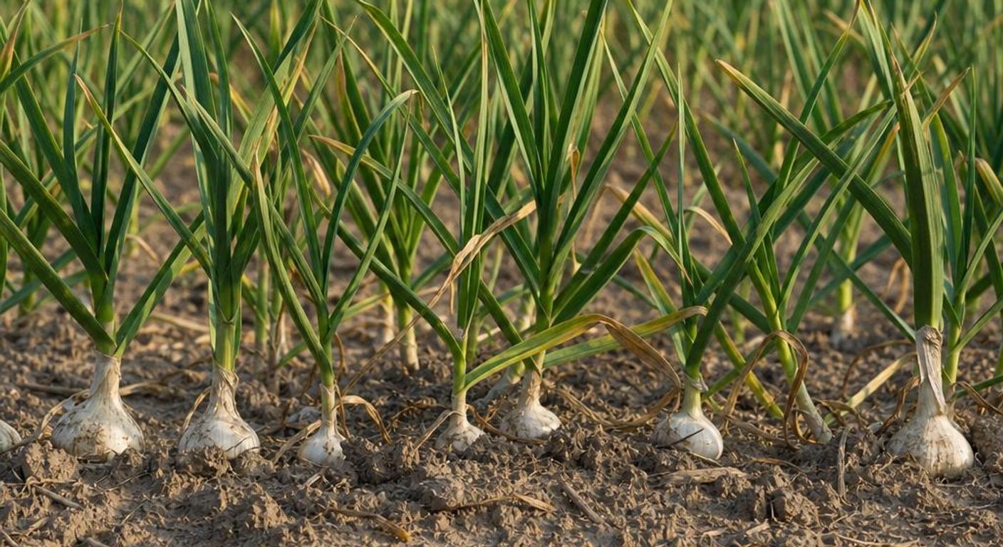Plante de usturoi cu frunze verzi într-o cultură
