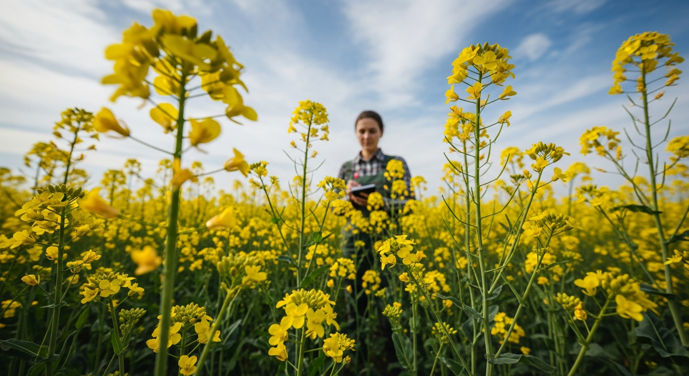 Lan de rapiță înflorit galben, cu un agronom notând observații în fundal