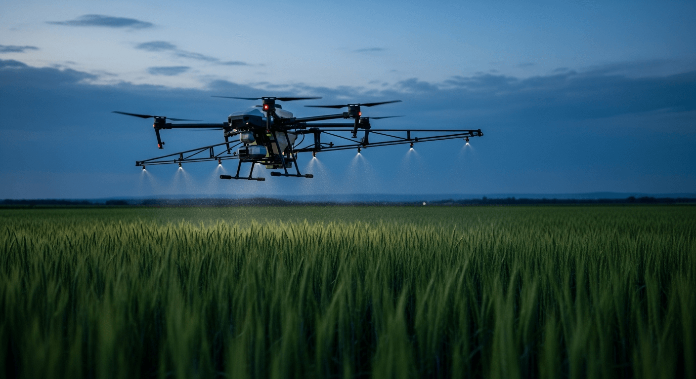 Dronă agricolă pulverizând un lan de grâu verde în amurg
